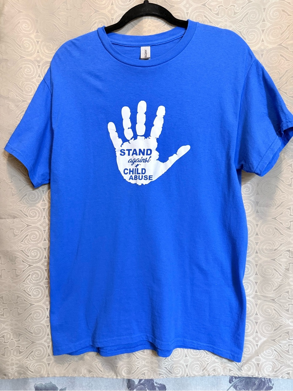 Gildan Blue Short Sleeve Tee with White Handprint "Stand Against Child Abuse"